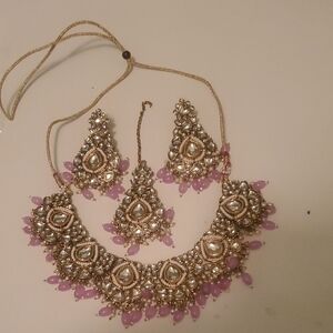 Elegant Gold and Lilac Purple Earring Necklace, Tika Set New Without Tag